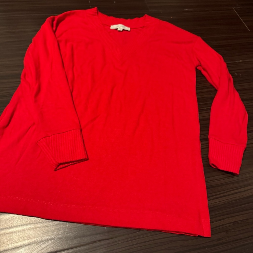 LOFT Red V Neck Pullover Long Sleeve Soft Knit Sweater Size Small